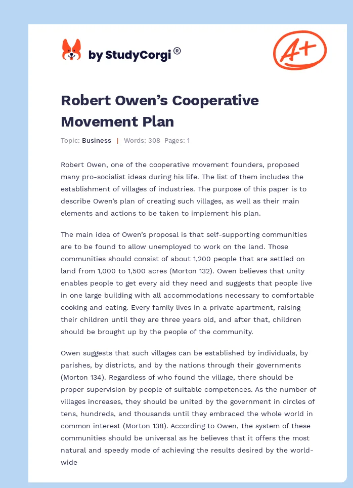 Robert Owen’s Cooperative Movement Plan. Page 1