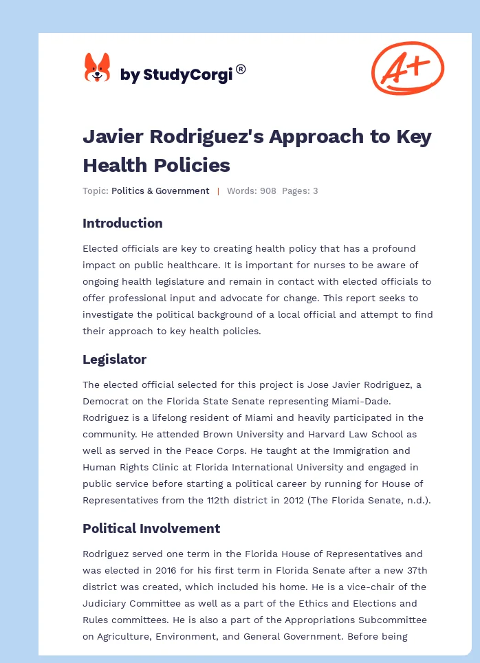 Javier Rodriguez's Approach to Key Health Policies. Page 1