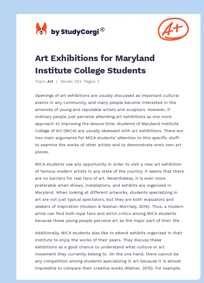 Art Exhibitions for Maryland Institute College Students. Page 1
