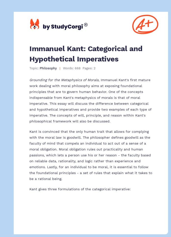 Immanuel Kant: Categorical and Hypothetical Imperatives. Page 1