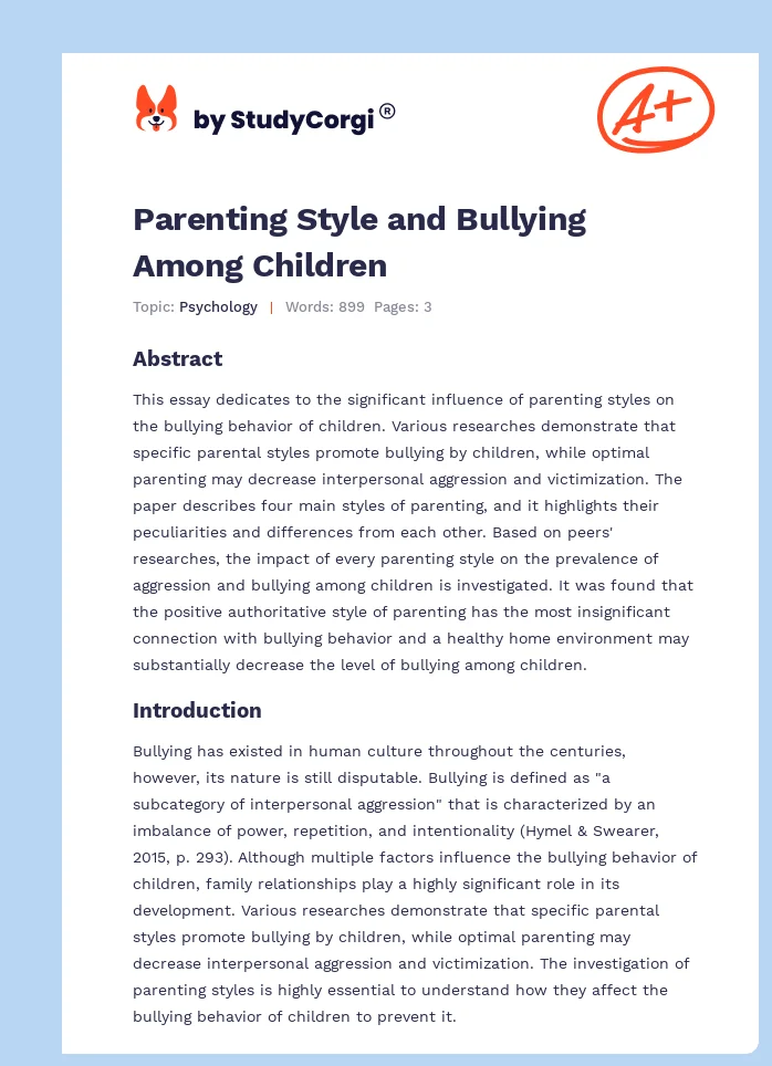 Parenting Style and Bullying Among Children. Page 1