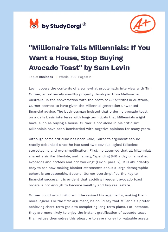 "Millionaire Tells Millennials: If You Want a House, Stop Buying Avocado Toast" by Sam Levin. Page 1