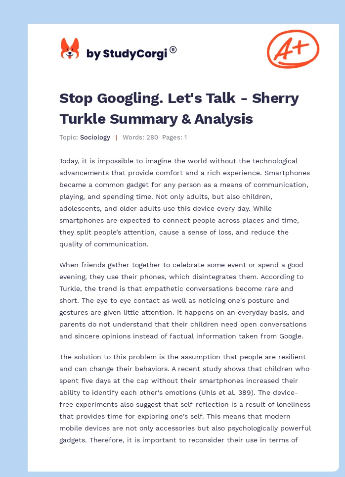 Stop Googling. Let's Talk - Sherry Turkle Summary & Analysis. Page 1