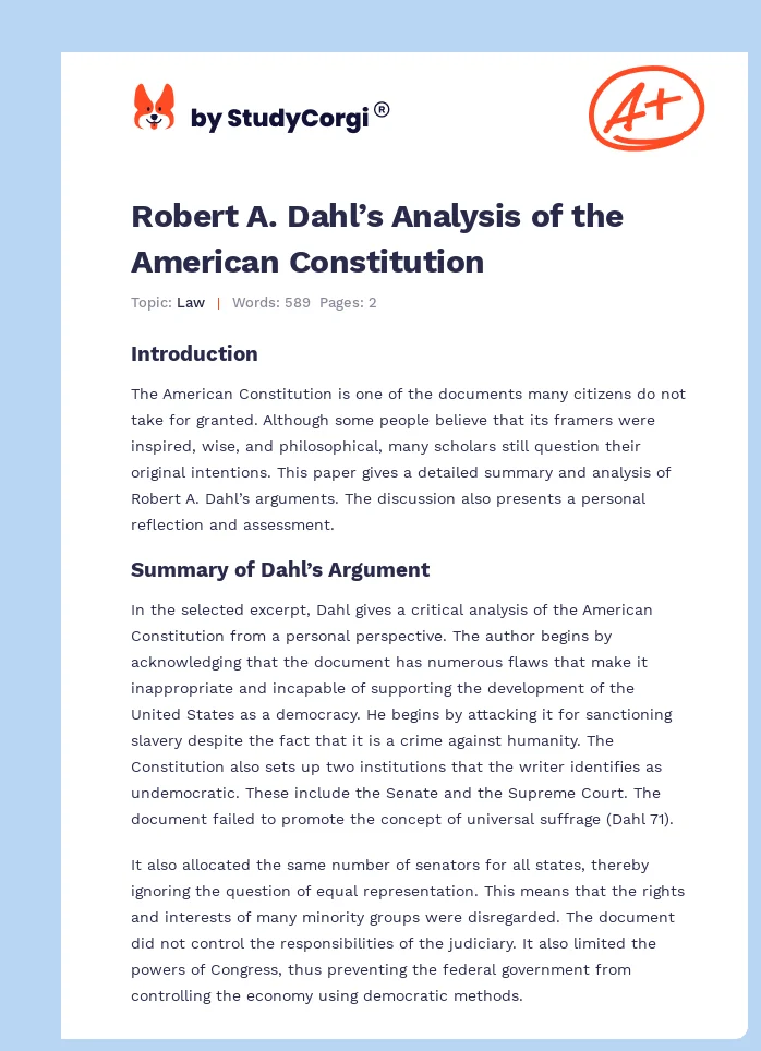 Robert A. Dahl’s Analysis of the American Constitution. Page 1