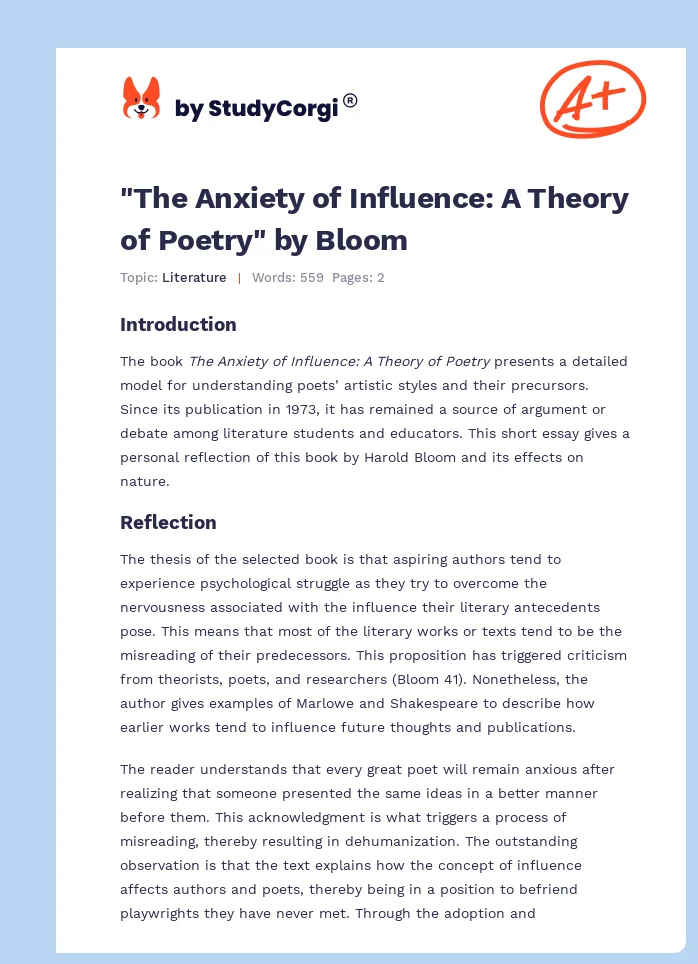 "The Anxiety of Influence: A Theory of Poetry" by Bloom. Page 1