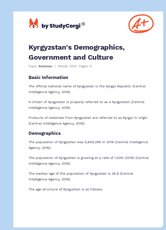 Kyrgyzstan's Demographics, Government and Culture. Page 1