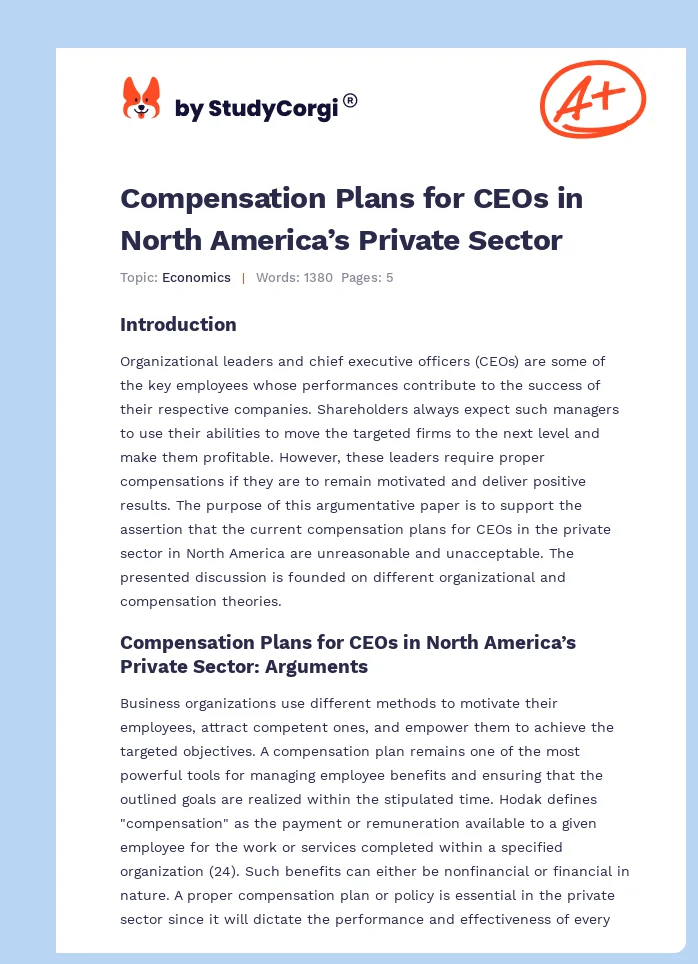 Compensation Plans for CEOs in North America’s Private Sector. Page 1