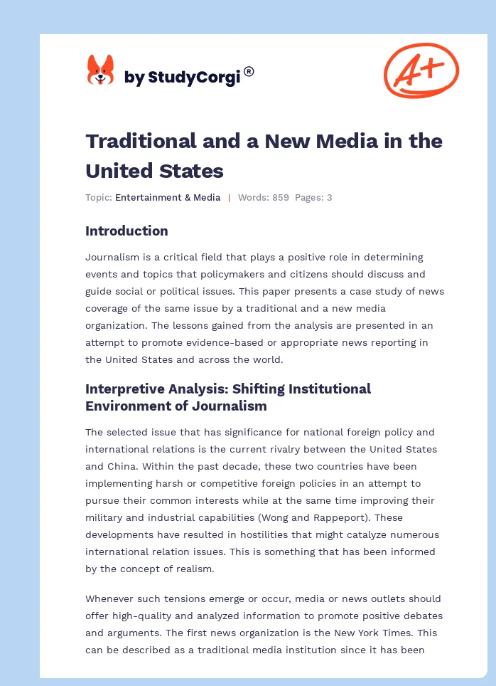 Traditional and a New Media in the United States. Page 1
