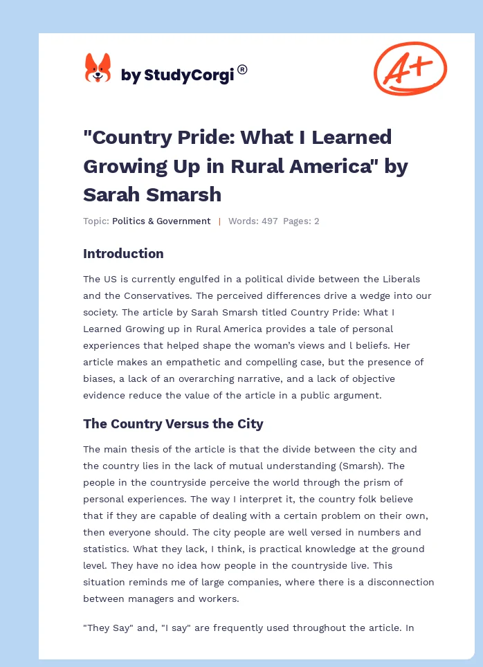 "Country Pride: What I Learned Growing Up in Rural America" by Sarah Smarsh. Page 1