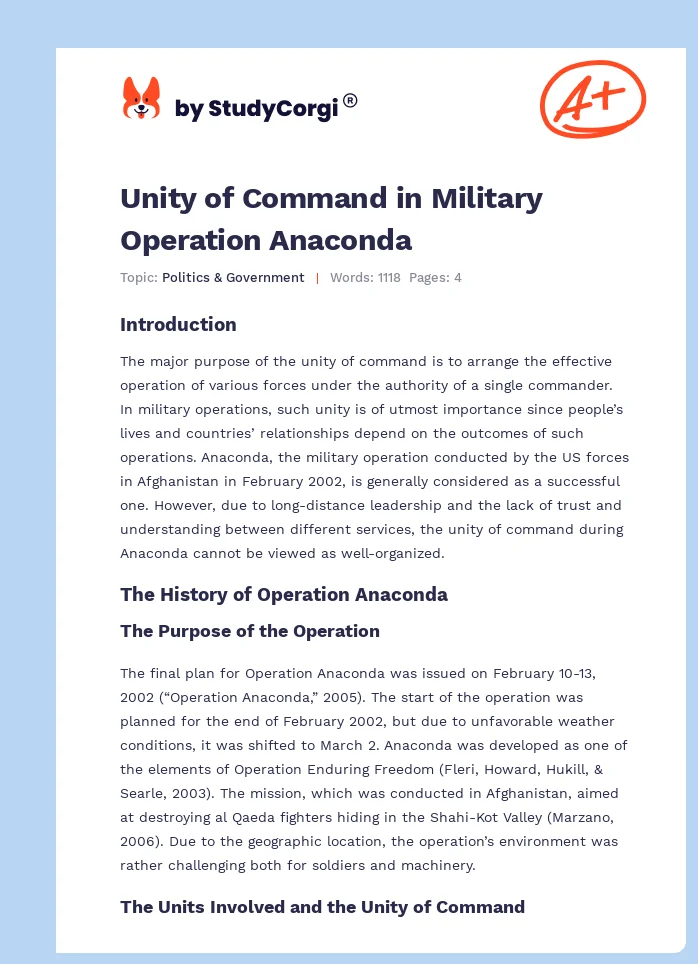 Unity of Command in Military Operation Anaconda. Page 1