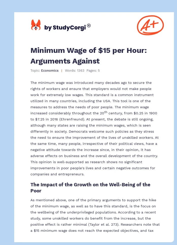 Minimum Wage of $15 per Hour: Arguments Against. Page 1