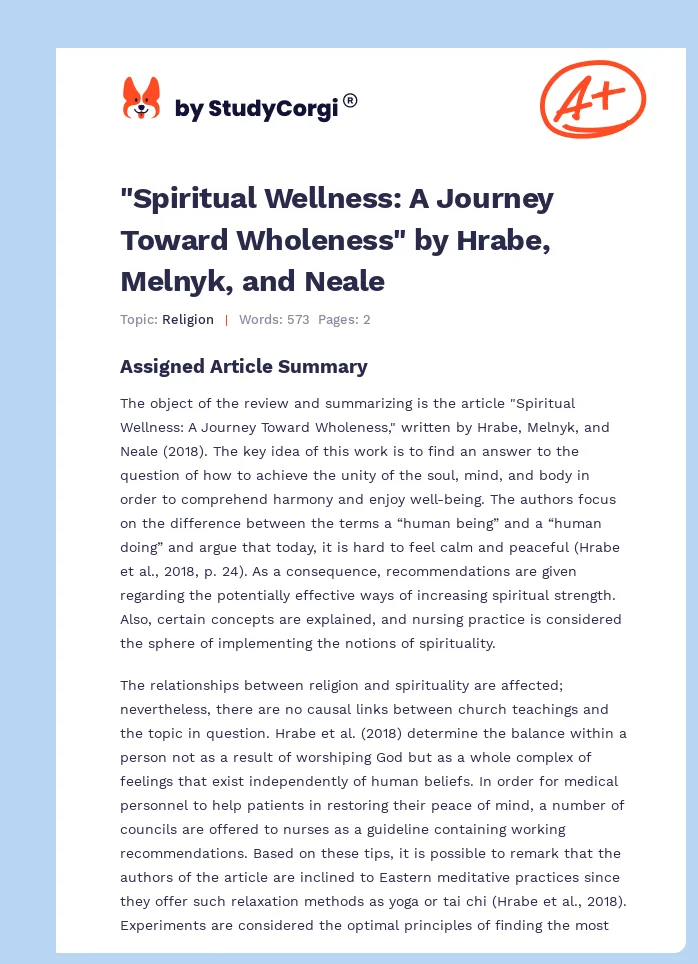 "Spiritual Wellness: A Journey Toward Wholeness" by Hrabe, Melnyk, and Neale. Page 1