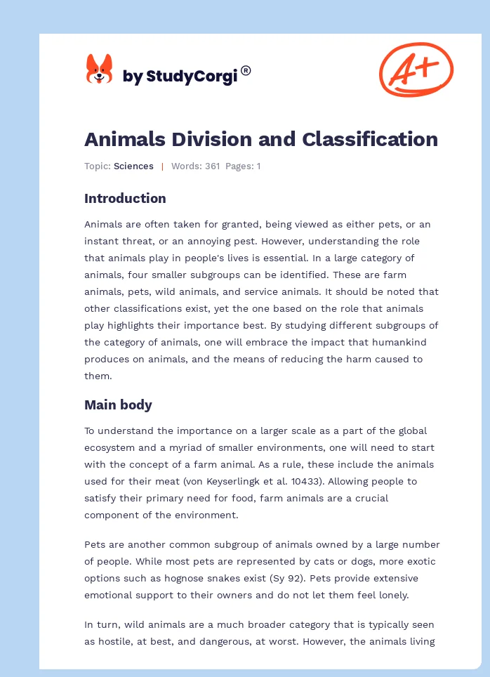Animals Division and Classification. Page 1