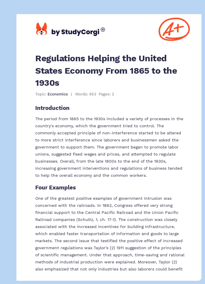 Regulations Helping the United States Economy From 1865 to the 1930s. Page 1