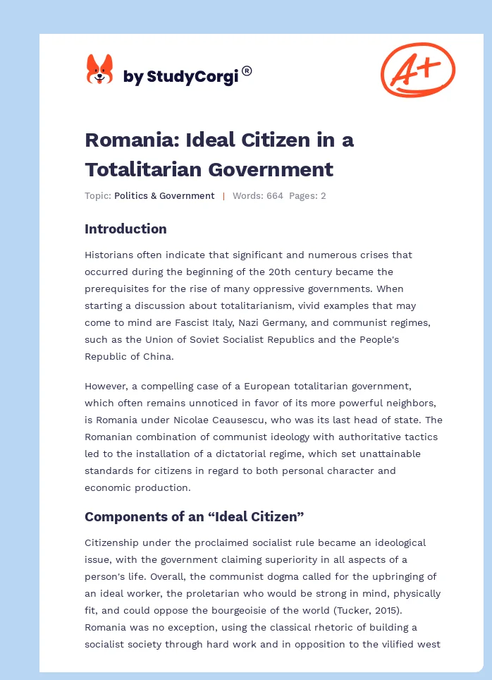 Romania: Ideal Citizen in a Totalitarian Government. Page 1