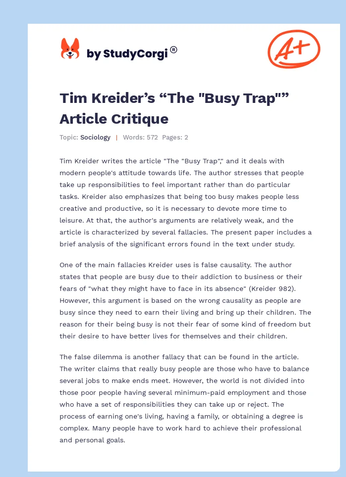 Tim Kreider’s “The "Busy Trap"” Article Critique. Page 1