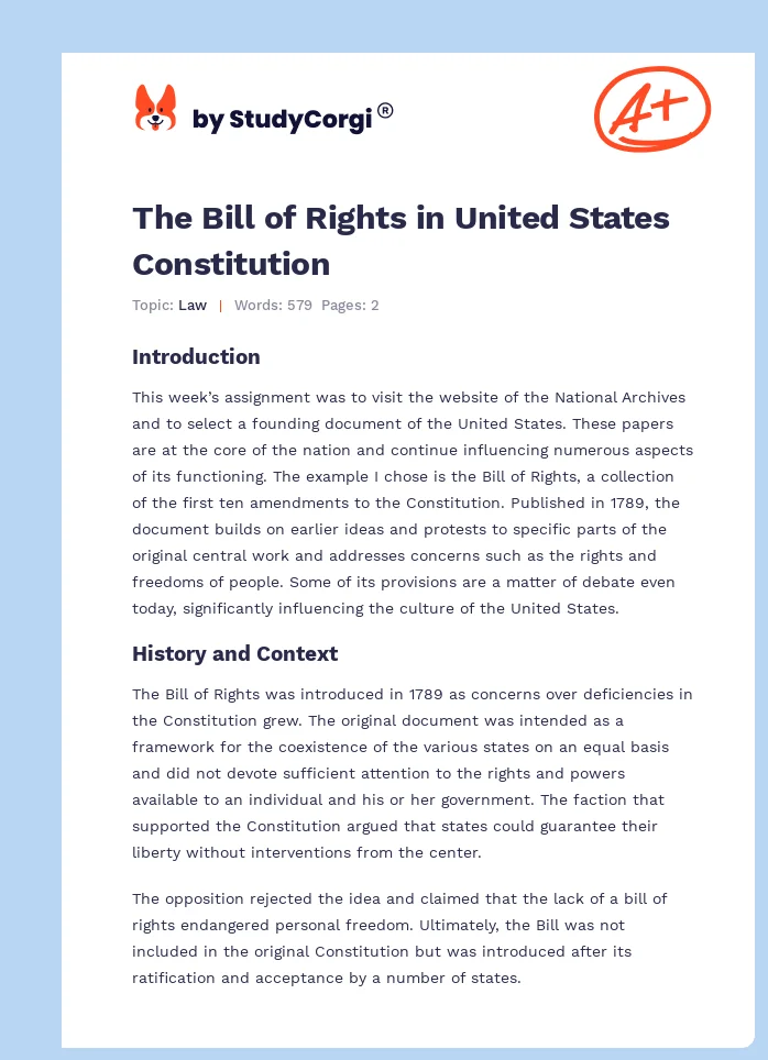 The Bill of Rights in United States Constitution. Page 1