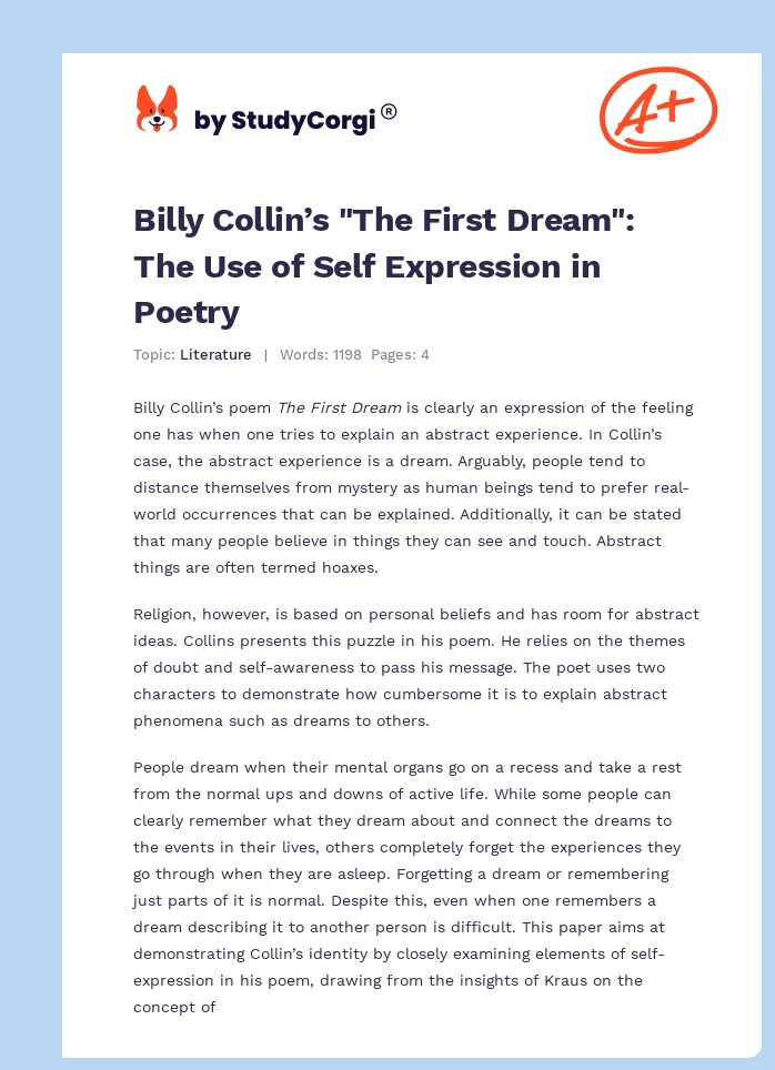 Billy Collin’s "The First Dream": The Use of Self Expression in Poetry. Page 1