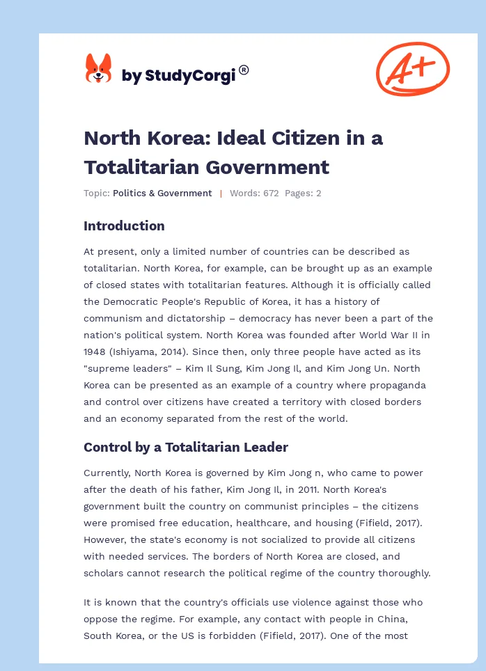 North Korea: Ideal Citizen in a Totalitarian Government. Page 1