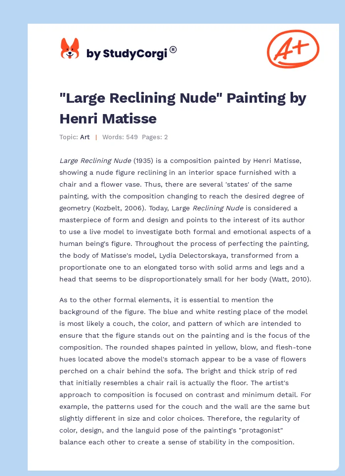 "Large Reclining Nude" Painting by Henri Matisse. Page 1