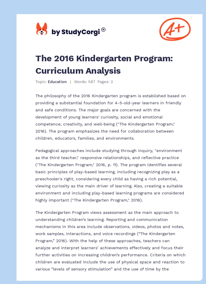 The 2016 Kindergarten Program: Curriculum Analysis. Page 1
