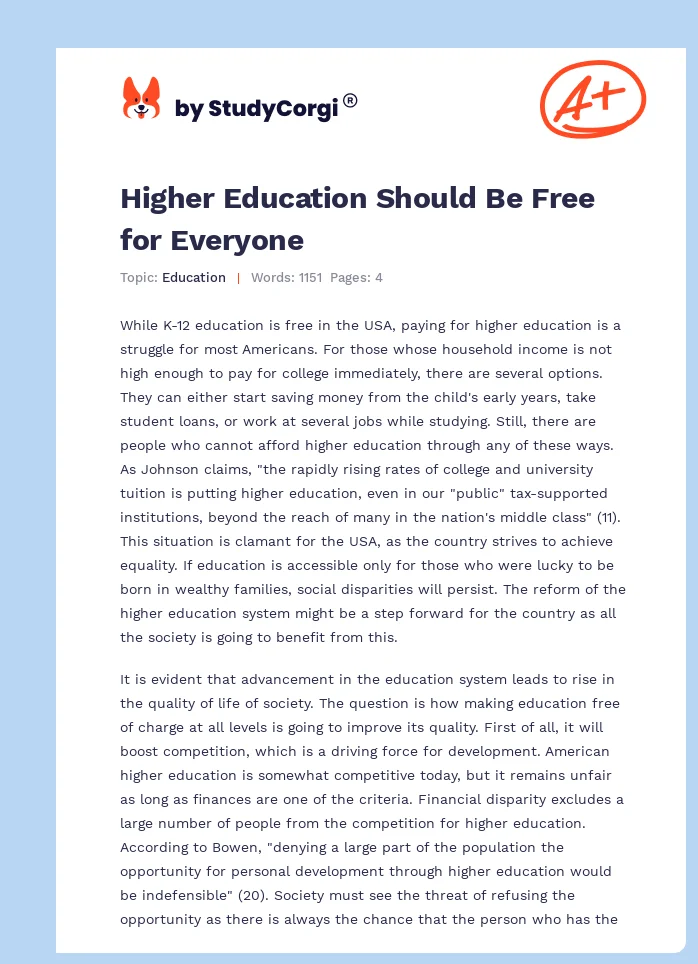 Higher Education Should Be Free for Everyone. Page 1