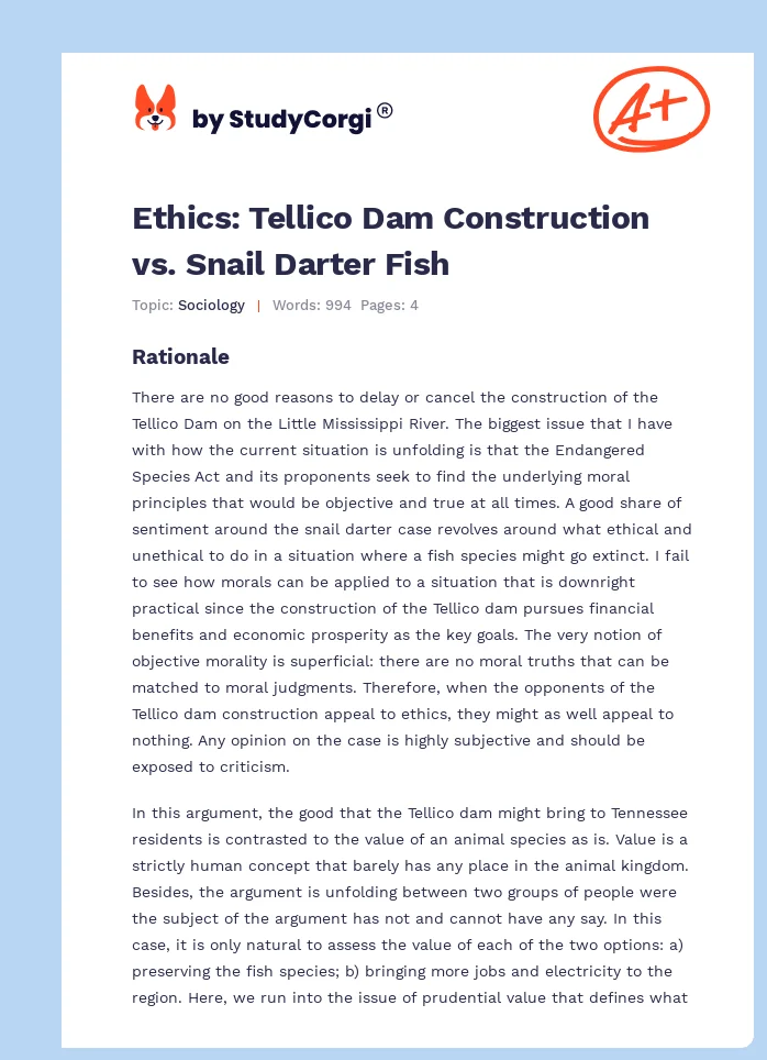 Ethics: Tellico Dam Construction vs. Snail Darter Fish. Page 1