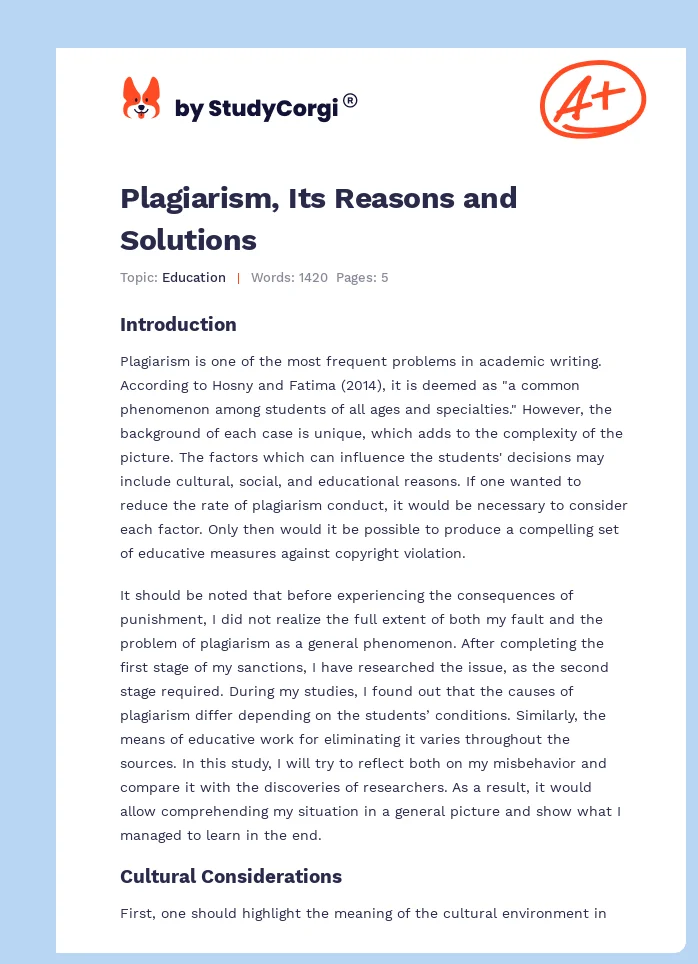 Plagiarism, Its Reasons and Solutions. Page 1