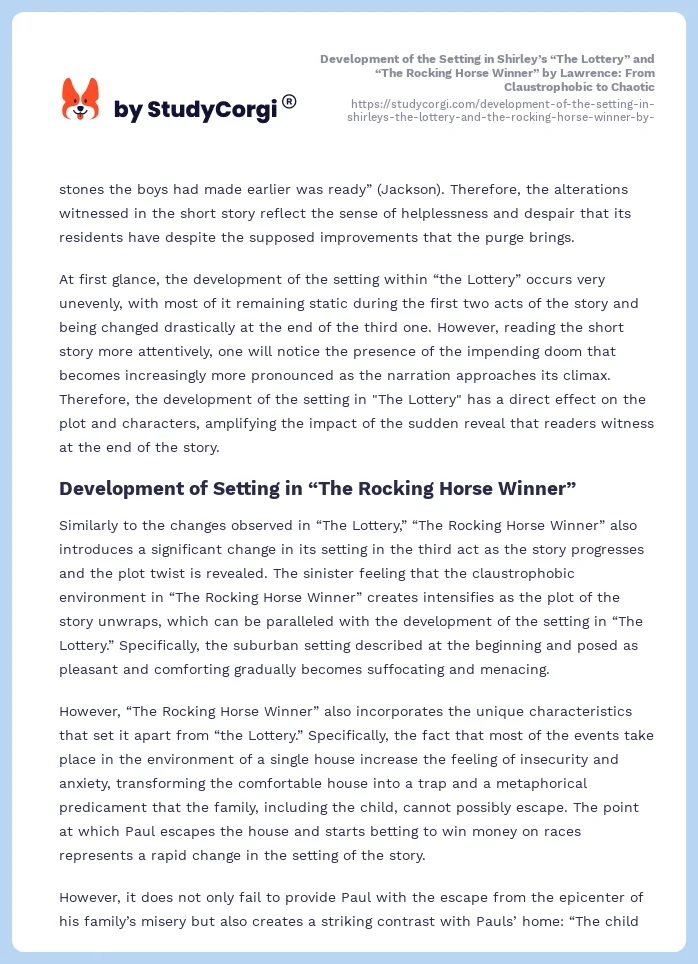 Development of the Setting in Shirley’s “The Lottery” and “The Rocking Horse Winner” by Lawrence: From Claustrophobic to Chaotic. Page 2