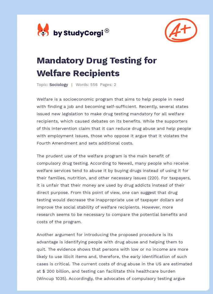 Mandatory Drug Testing for Welfare Recipients. Page 1