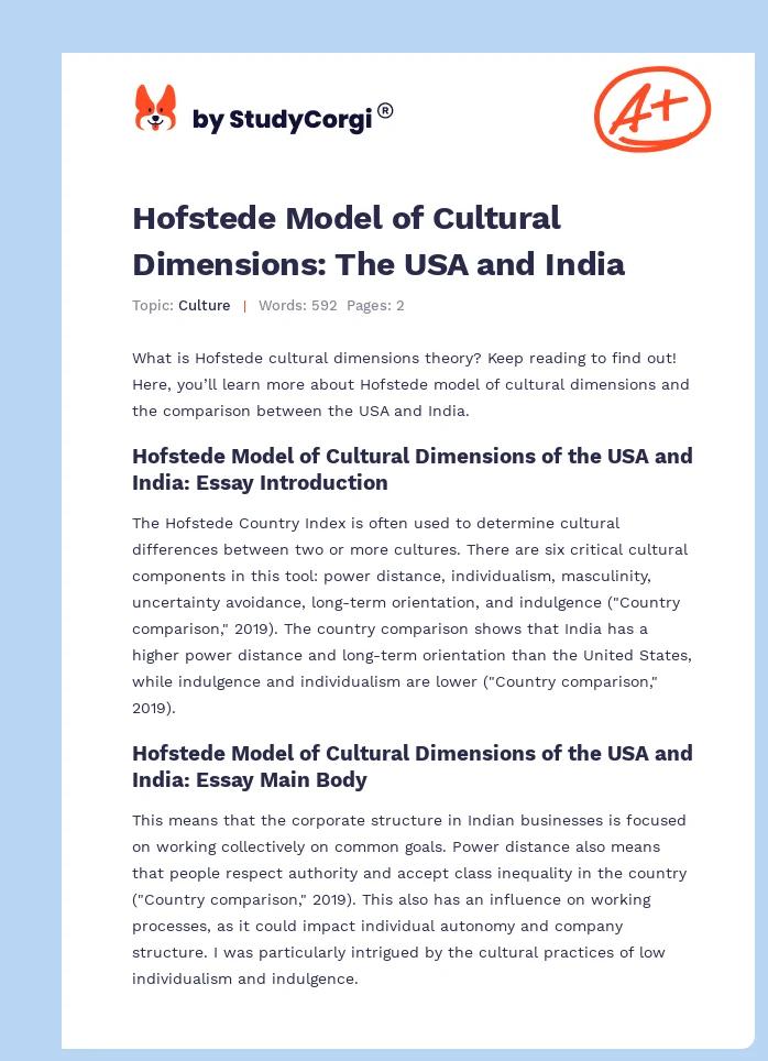 Hofstede Model of Cultural Dimensions: The USA and India. Page 1