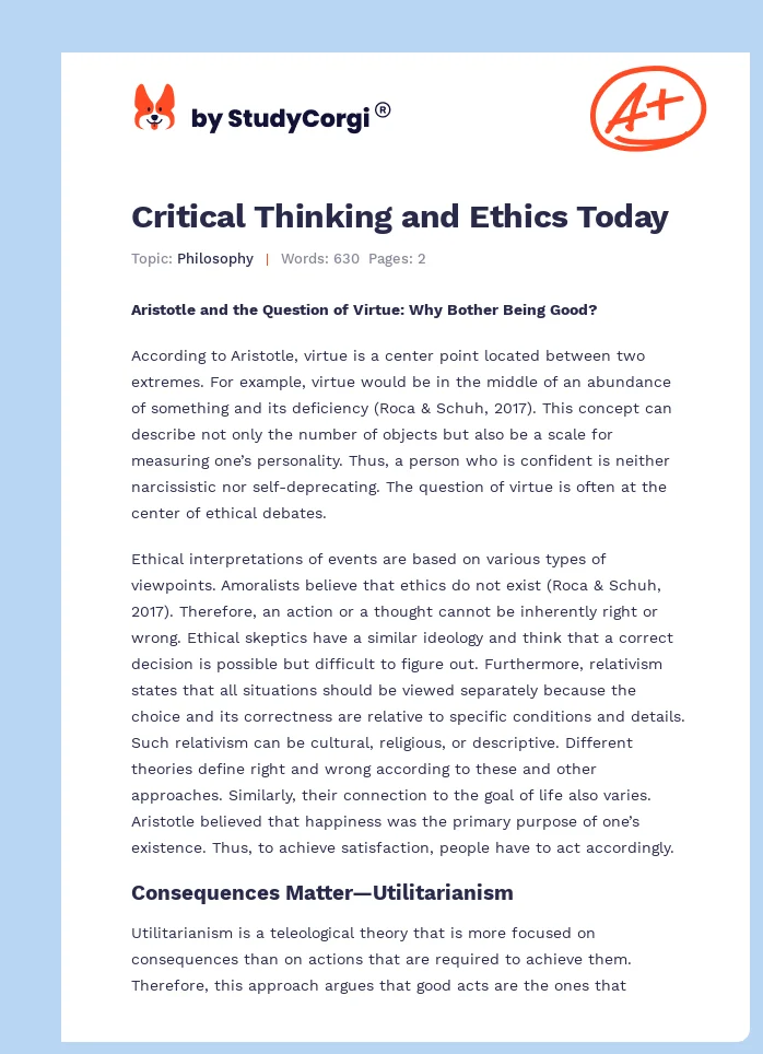 Critical Thinking and Ethics Today. Page 1