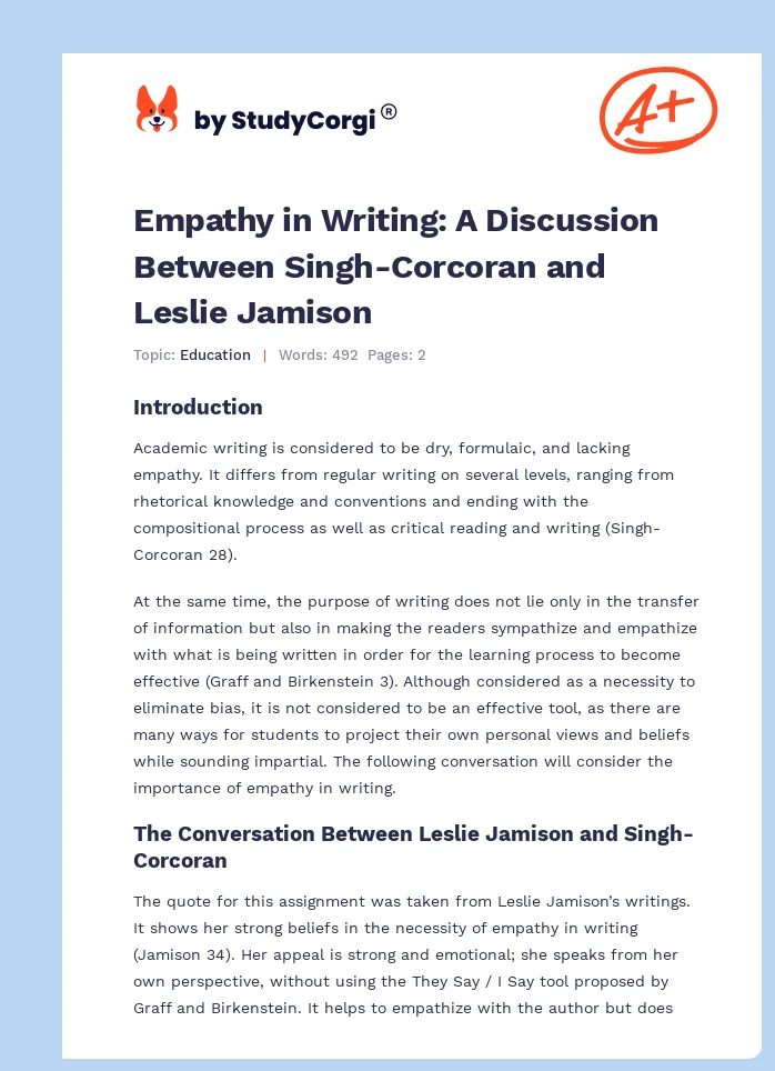 Empathy in Writing: A Discussion Between Singh-Corcoran and Leslie Jamison. Page 1