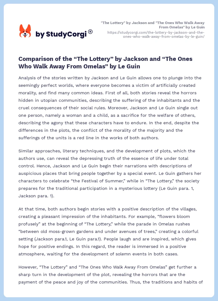 "The Lottery" by Jackson and "The Ones Who Walk Away From Omelas" by Le Guin. Page 2