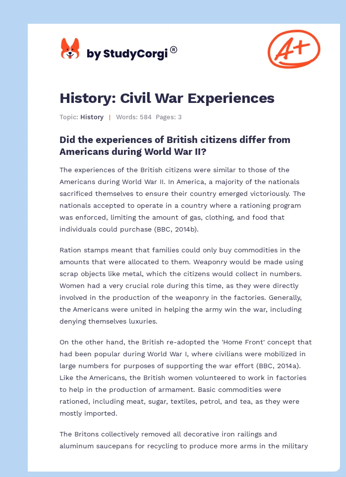 History: Civil War Experiences. Page 1