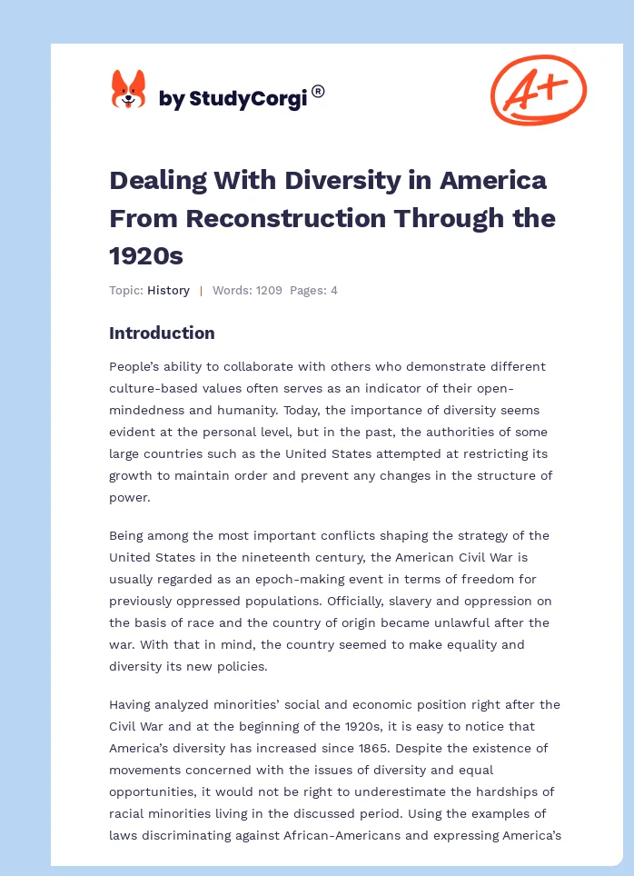 Dealing With Diversity in America From Reconstruction Through the 1920s. Page 1