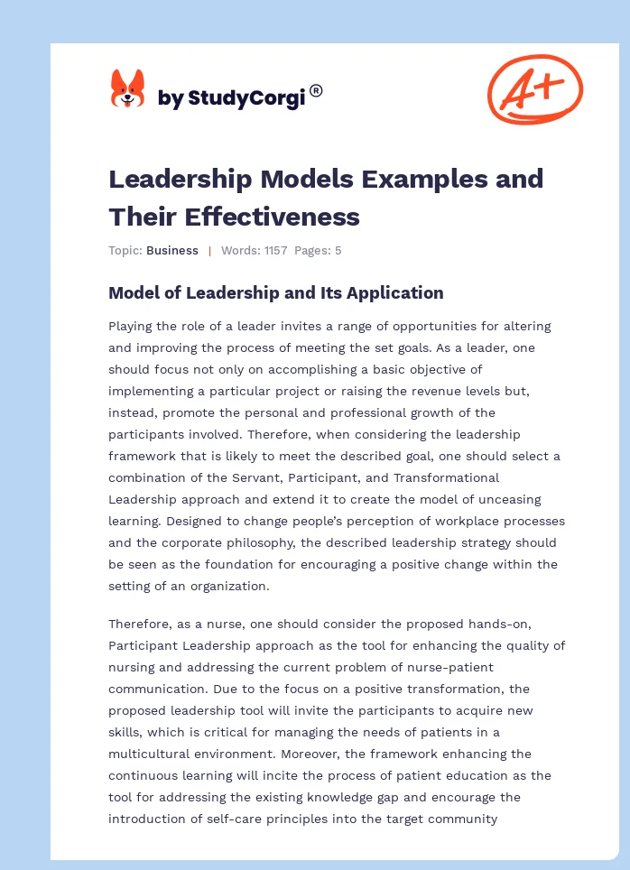 Leadership Models Examples and Their Effectiveness. Page 1