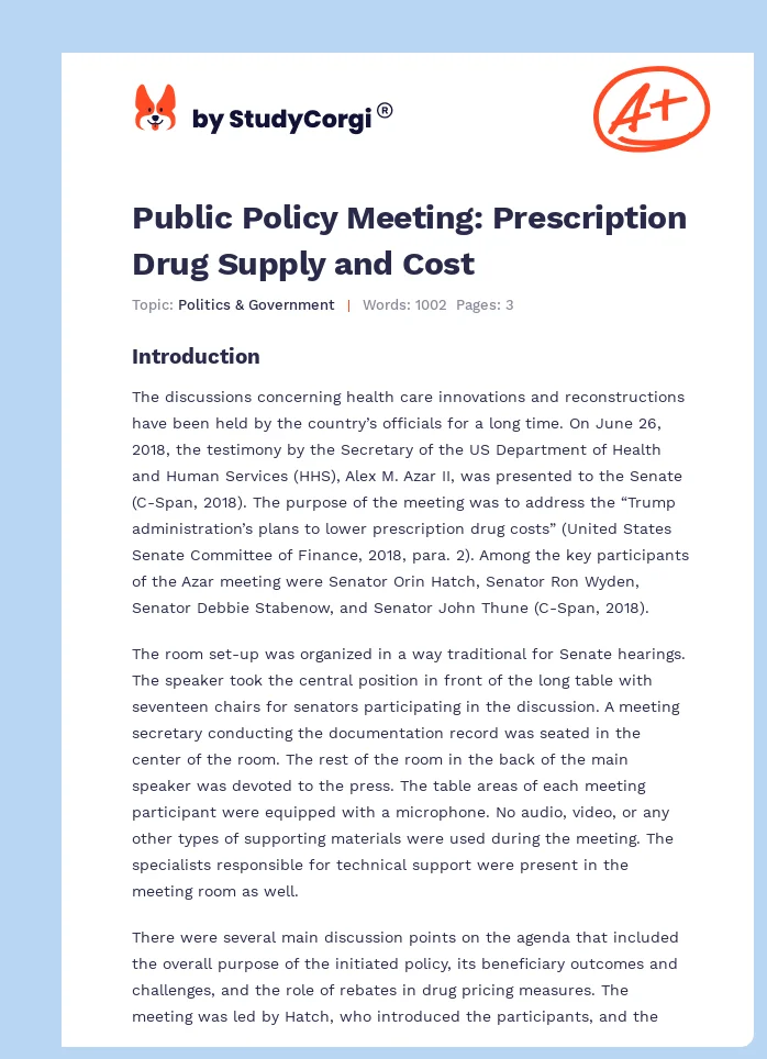 Public Policy Meeting: Prescription Drug Supply and Cost. Page 1