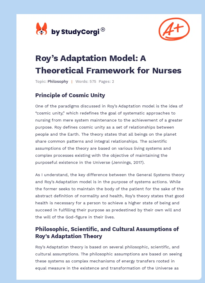 Roy’s Adaptation Model: A Theoretical Framework for Nurses. Page 1