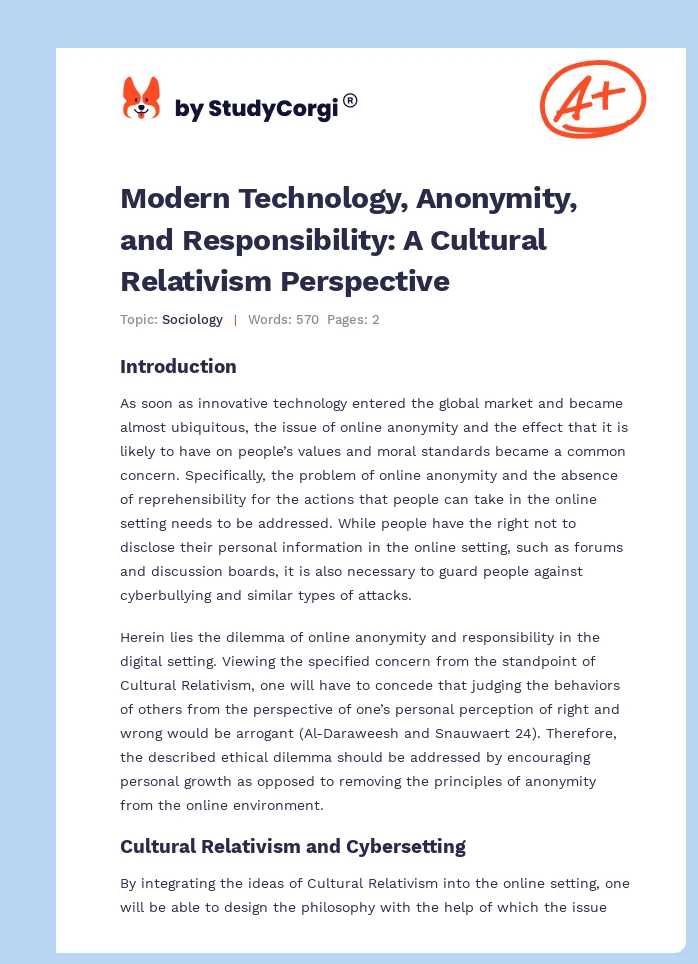 Modern Technology, Anonymity, and Responsibility: A Cultural Relativism Perspective. Page 1
