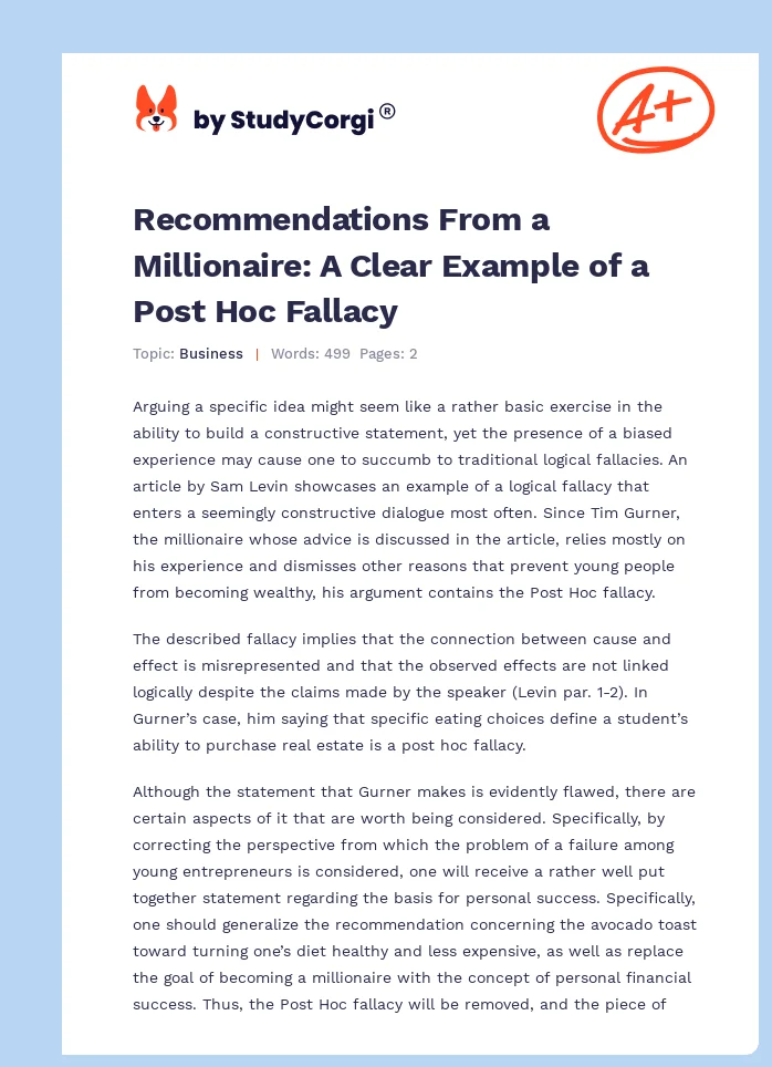 Recommendations From a Millionaire: A Clear Example of a Post Hoc Fallacy. Page 1