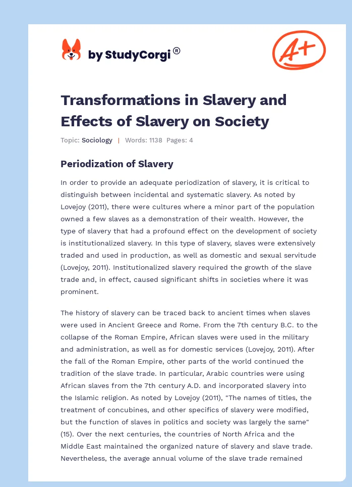 Transformations in Slavery and Effects of Slavery on Society. Page 1