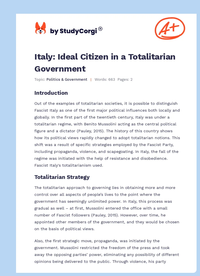 Italy: Ideal Citizen in a Totalitarian Government. Page 1