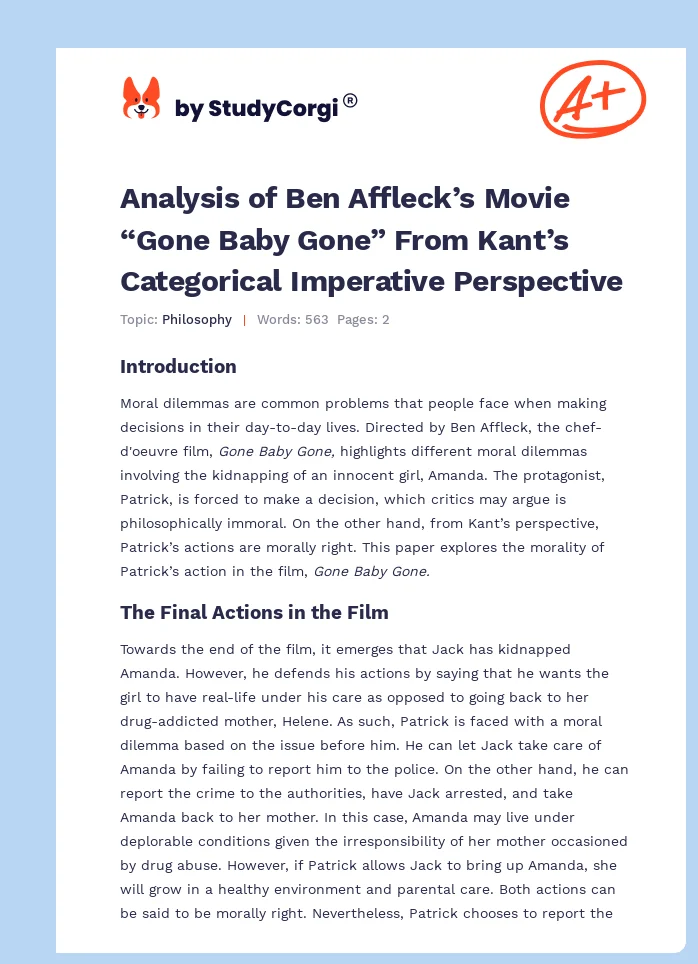 Analysis of Ben Affleck’s Movie “Gone Baby Gone” From Kant’s Categorical Imperative Perspective. Page 1