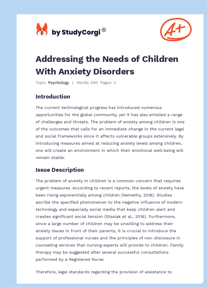 Addressing the Needs of Children With Anxiety Disorders. Page 1