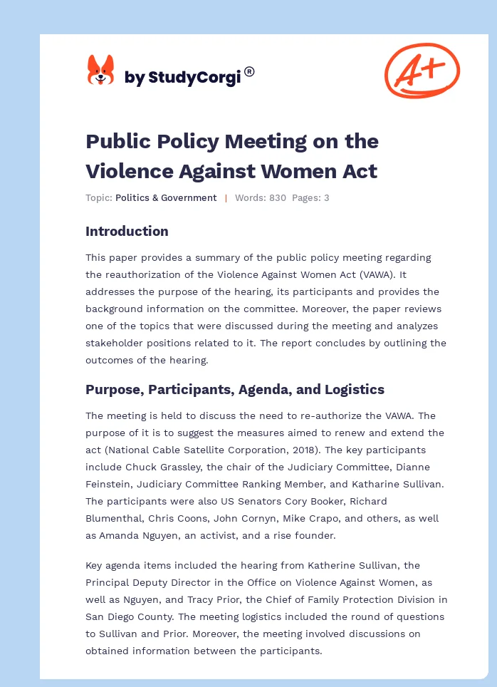 Public Policy Meeting on the Violence Against Women Act. Page 1