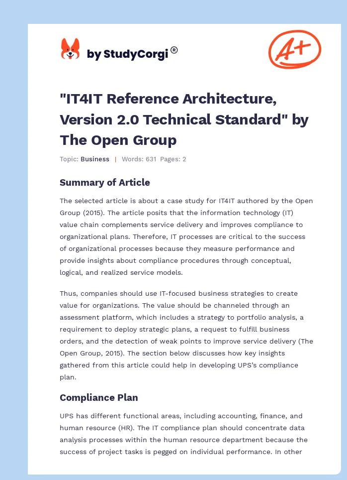 "IT4IT Reference Architecture, Version 2.0 Technical Standard" by The Open Group. Page 1