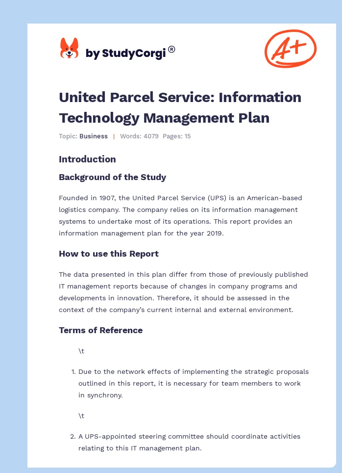 United Parcel Service: Information Technology Management Plan. Page 1