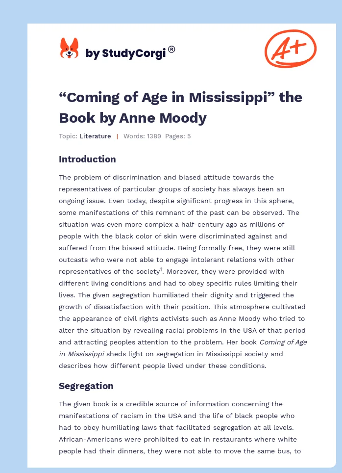 “Coming of Age in Mississippi” the Book by Anne Moody. Page 1