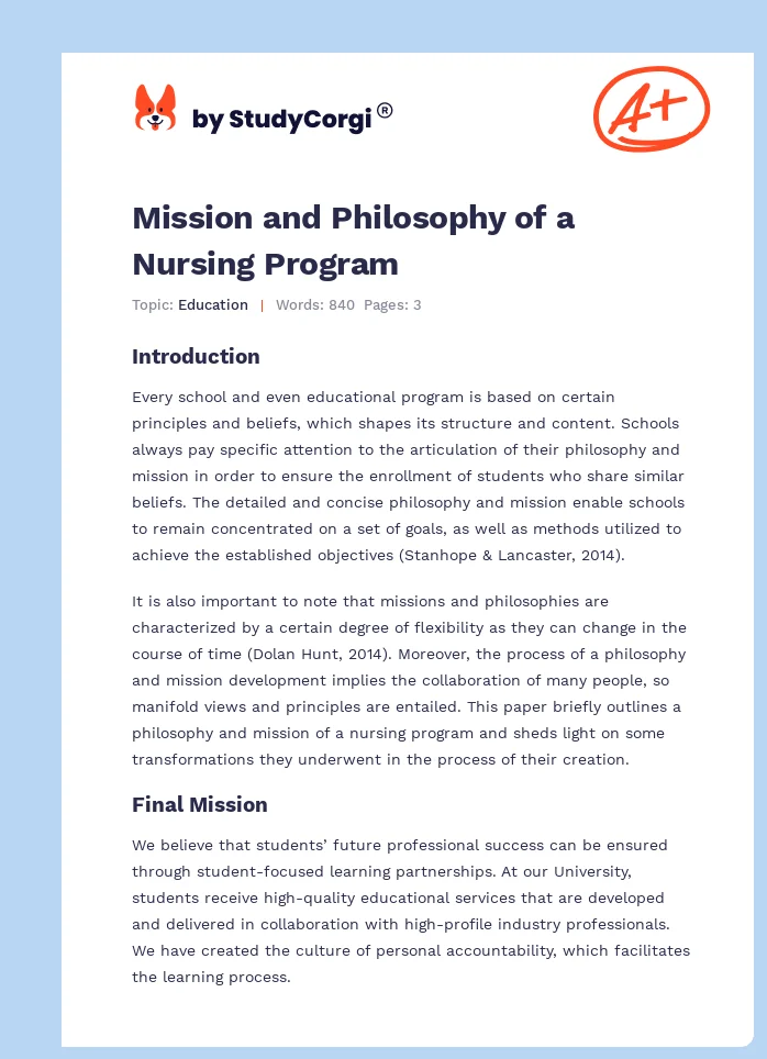 Mission and Philosophy of a Nursing Program. Page 1